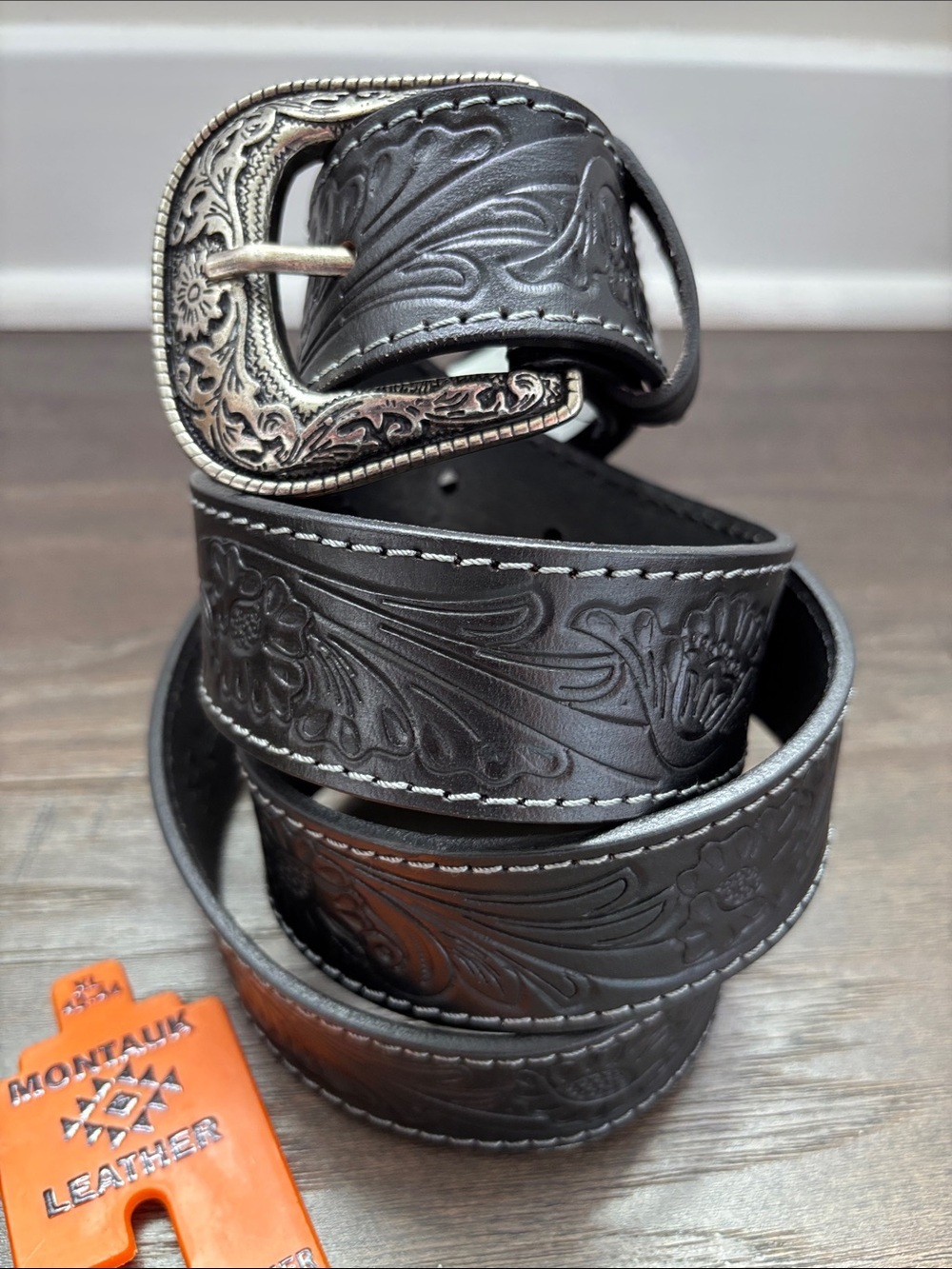 Montauk Genuine Leather Tooled Western Rodeo,filigree buckle,single stitch edge